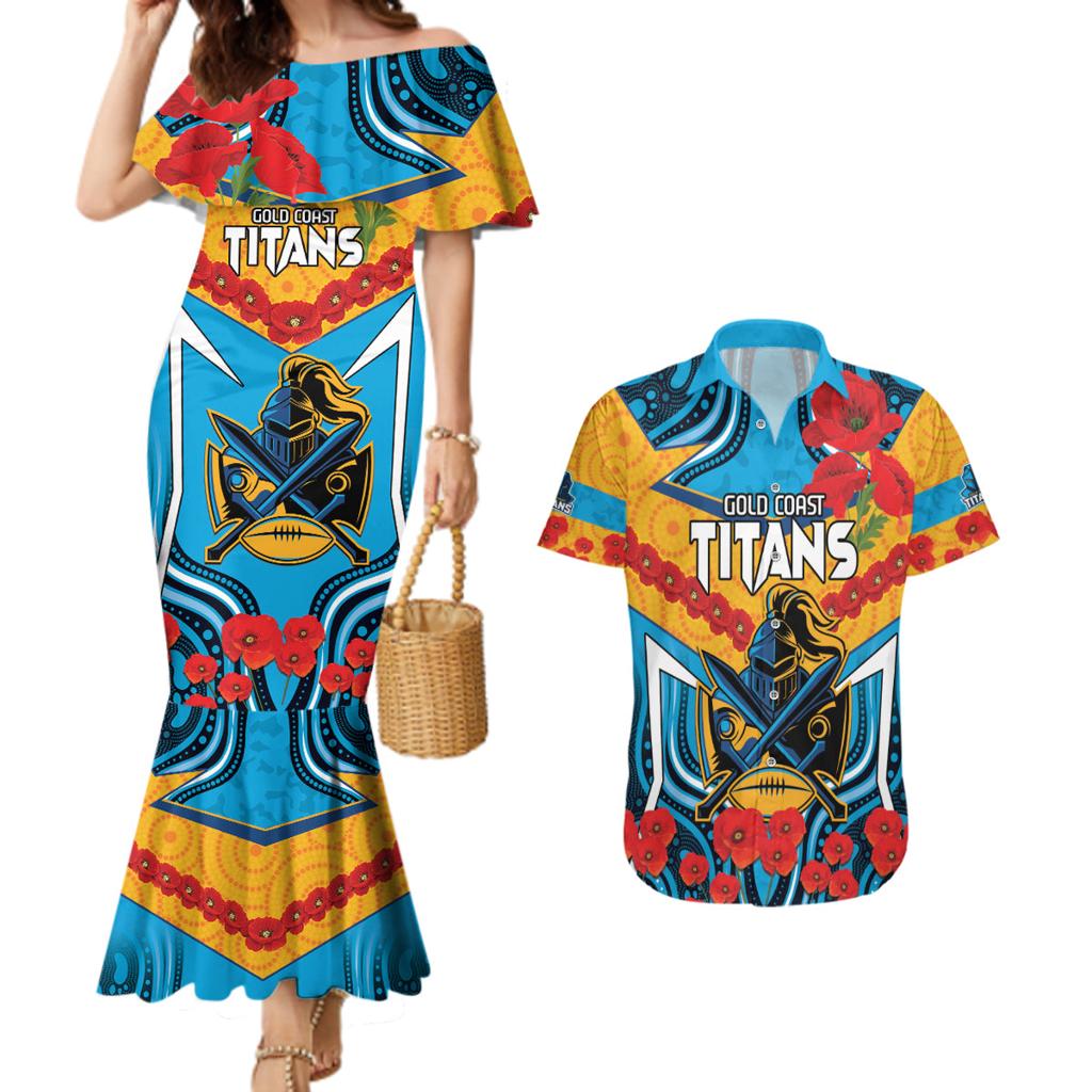 Custom GLD Titans Rugby ANZAC Couples Matching Mermaid Dress and Hawaiian Shirt Gallipoli Soldier With Aboriginal Art