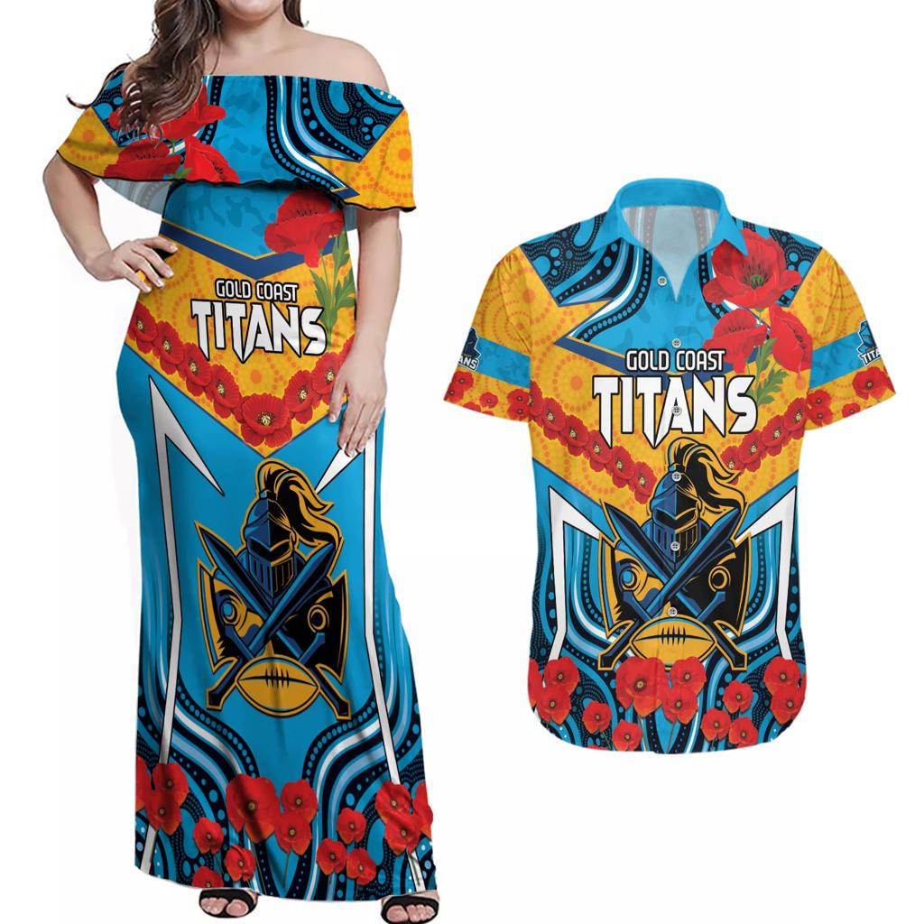 Custom GLD Titans Rugby ANZAC Couples Matching Off Shoulder Maxi Dress and Hawaiian Shirt Gallipoli Soldier With Aboriginal Art