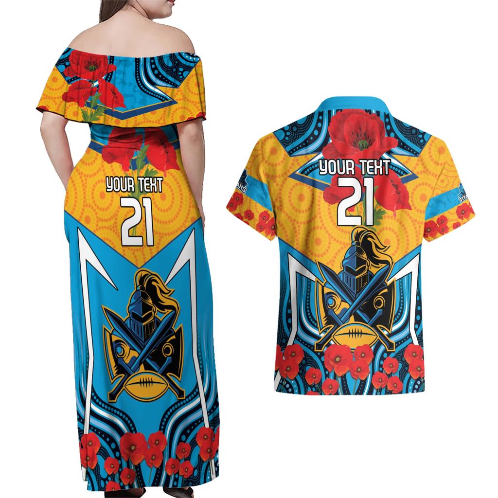 Custom GLD Titans Rugby ANZAC Couples Matching Off Shoulder Maxi Dress and Hawaiian Shirt Gallipoli Soldier With Aboriginal Art