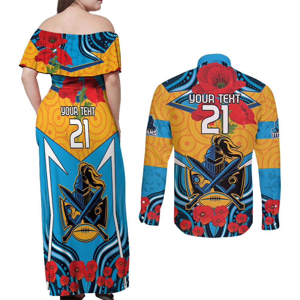 Custom GLD Titans Rugby ANZAC Couples Matching Off Shoulder Maxi Dress and Long Sleeve Button Shirt Gallipoli Soldier With Aboriginal Art