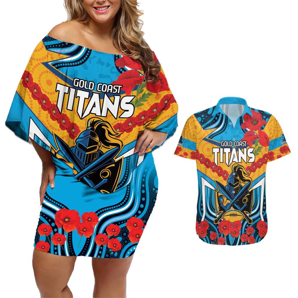 Custom GLD Titans Rugby ANZAC Couples Matching Off Shoulder Short Dress and Hawaiian Shirt Gallipoli Soldier With Aboriginal Art