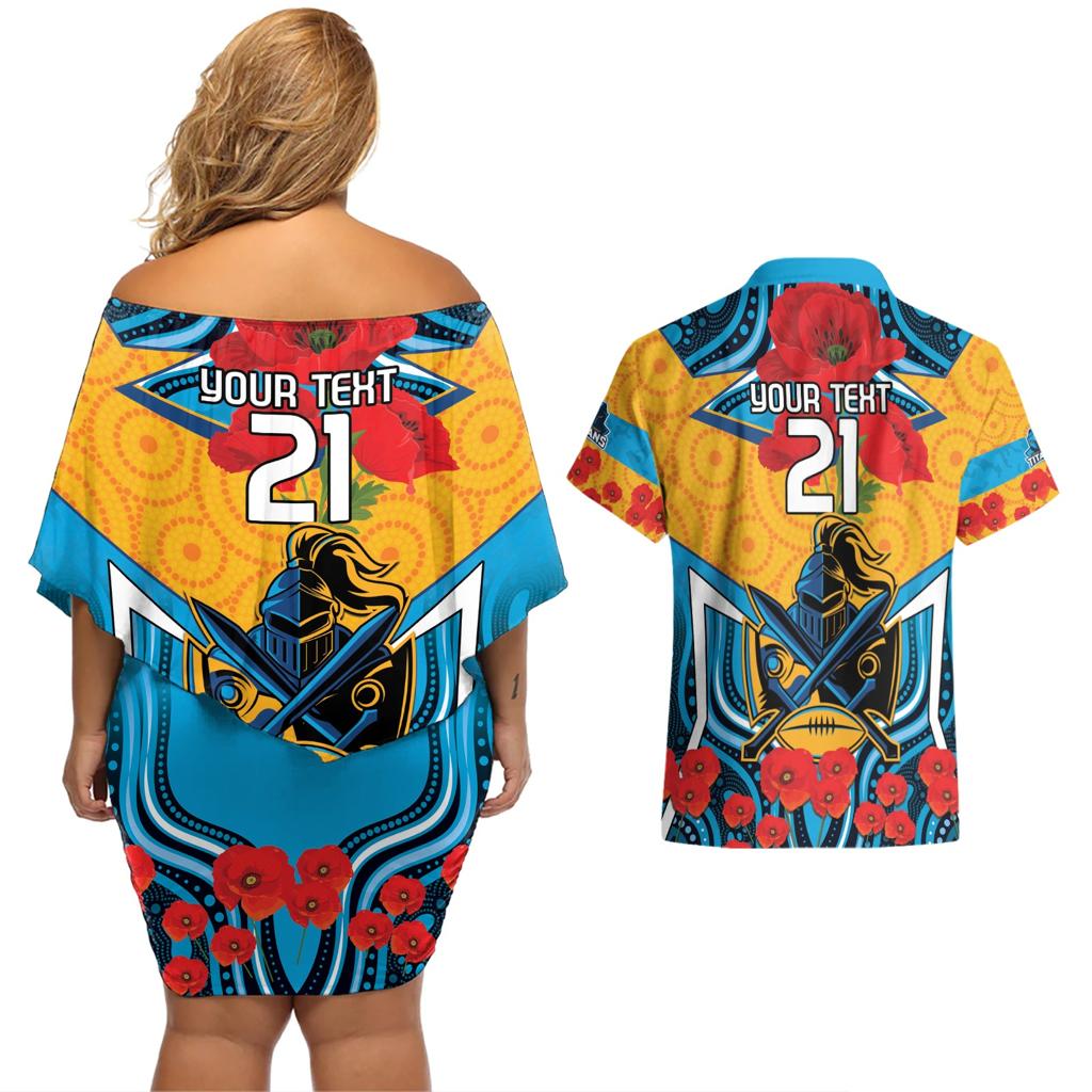 Custom GLD Titans Rugby ANZAC Couples Matching Off Shoulder Short Dress and Hawaiian Shirt Gallipoli Soldier With Aboriginal Art