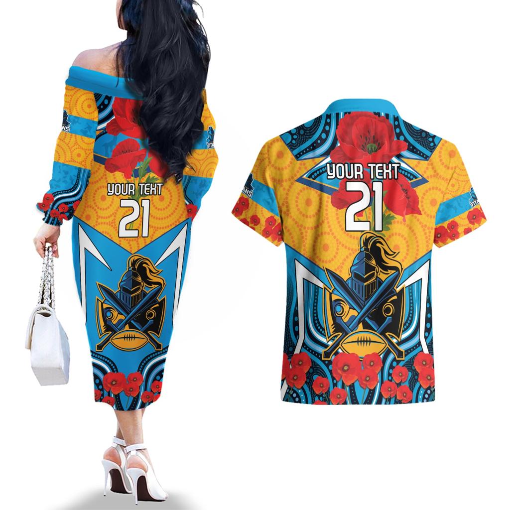 Custom GLD Titans Rugby ANZAC Couples Matching Off The Shoulder Long Sleeve Dress and Hawaiian Shirt Gallipoli Soldier With Aboriginal Art