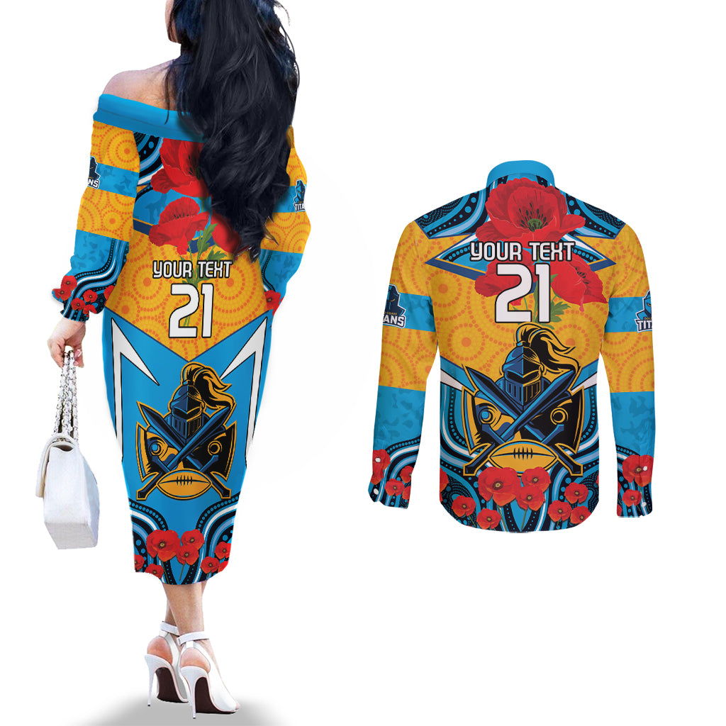 Custom GLD Titans Rugby ANZAC Couples Matching Off The Shoulder Long Sleeve Dress and Long Sleeve Button Shirt Gallipoli Soldier With Aboriginal Art