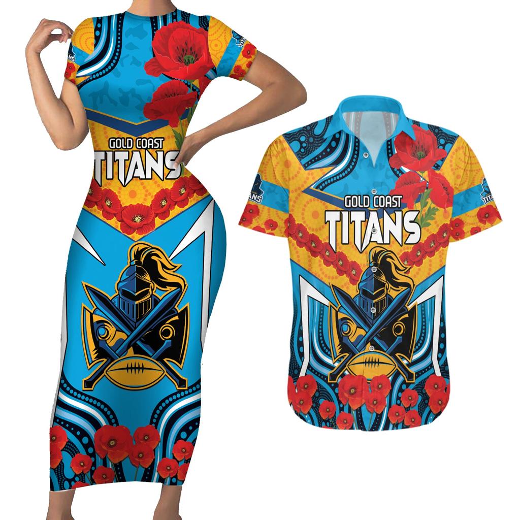 Custom GLD Titans Rugby ANZAC Couples Matching Short Sleeve Bodycon Dress and Hawaiian Shirt Gallipoli Soldier With Aboriginal Art