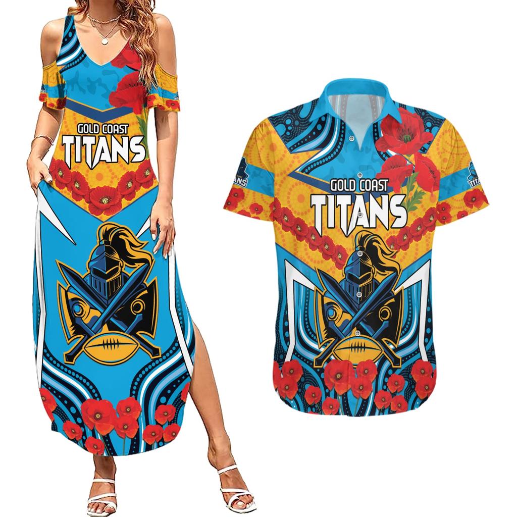 Custom GLD Titans Rugby ANZAC Couples Matching Summer Maxi Dress and Hawaiian Shirt Gallipoli Soldier With Aboriginal Art