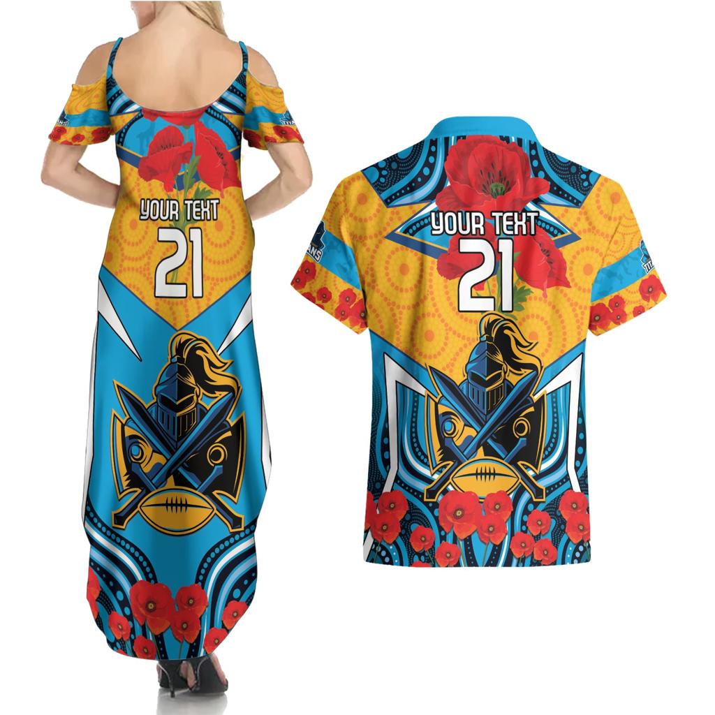 Custom GLD Titans Rugby ANZAC Couples Matching Summer Maxi Dress and Hawaiian Shirt Gallipoli Soldier With Aboriginal Art