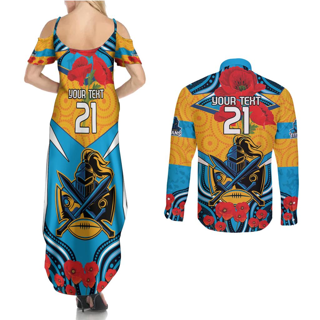 Custom GLD Titans Rugby ANZAC Couples Matching Summer Maxi Dress and Long Sleeve Button Shirt Gallipoli Soldier With Aboriginal Art