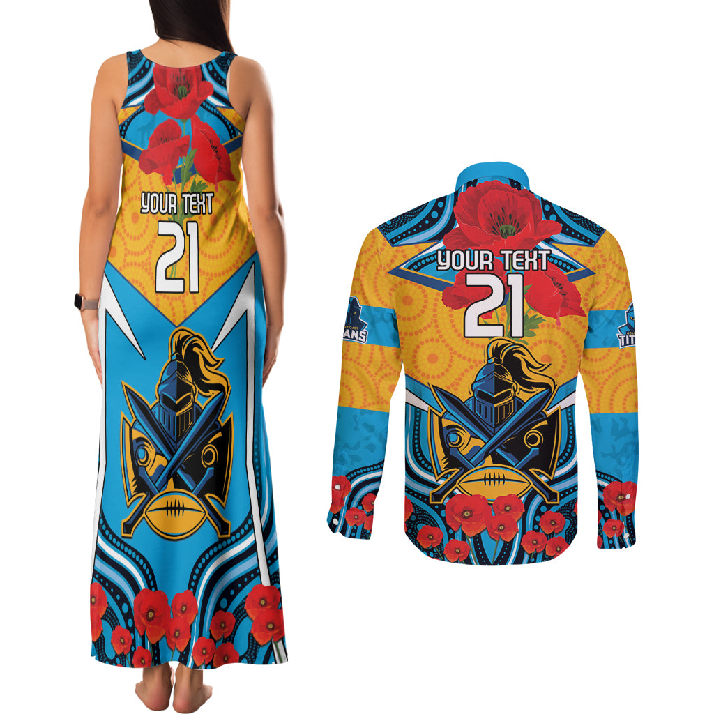 Custom GLD Titans Rugby ANZAC Couples Matching Tank Maxi Dress and Long Sleeve Button Shirt Gallipoli Soldier With Aboriginal Art