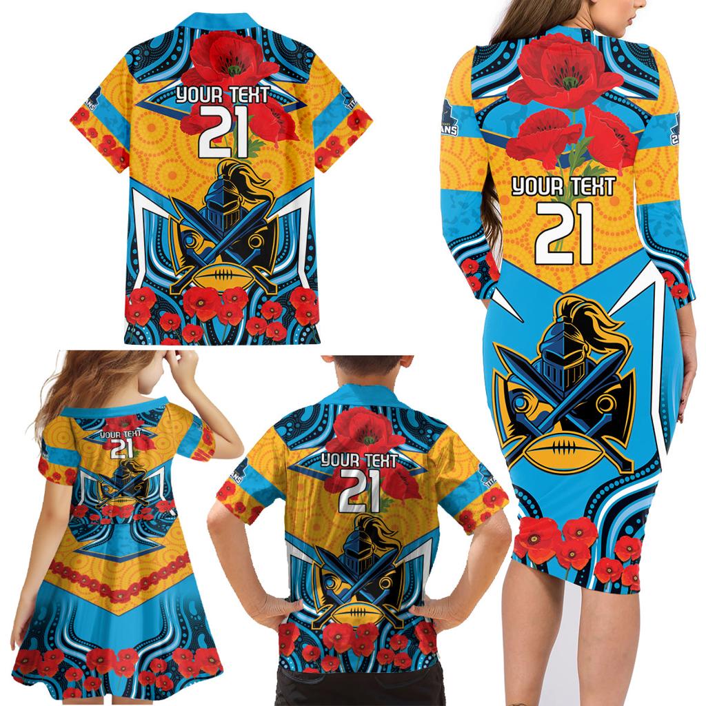 Custom GLD Titans Rugby ANZAC Family Matching Long Sleeve Bodycon Dress and Hawaiian Shirt Gallipoli Soldier With Aboriginal Art