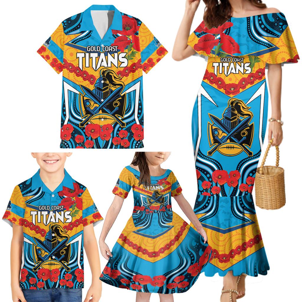 Custom GLD Titans Rugby ANZAC Family Matching Mermaid Dress and Hawaiian Shirt Gallipoli Soldier With Aboriginal Art