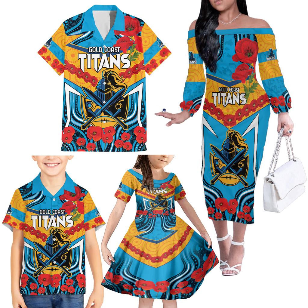 Custom GLD Titans Rugby ANZAC Family Matching Off The Shoulder Long Sleeve Dress and Hawaiian Shirt Gallipoli Soldier With Aboriginal Art