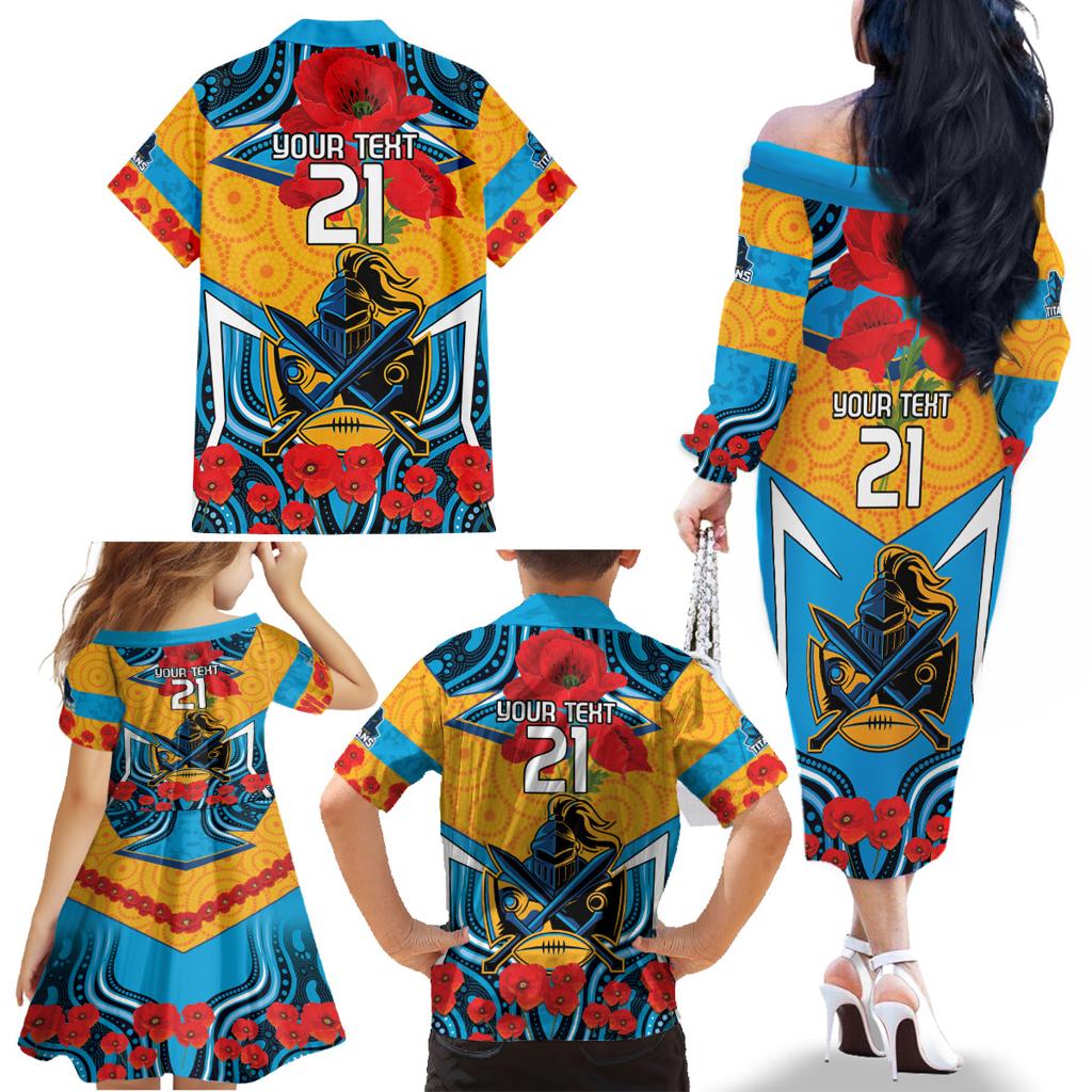 Custom GLD Titans Rugby ANZAC Family Matching Off The Shoulder Long Sleeve Dress and Hawaiian Shirt Gallipoli Soldier With Aboriginal Art