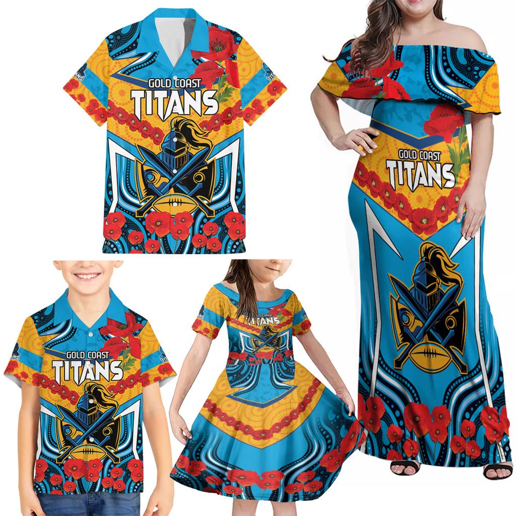 Custom GLD Titans Rugby ANZAC Family Matching Off Shoulder Maxi Dress and Hawaiian Shirt Gallipoli Soldier With Aboriginal Art