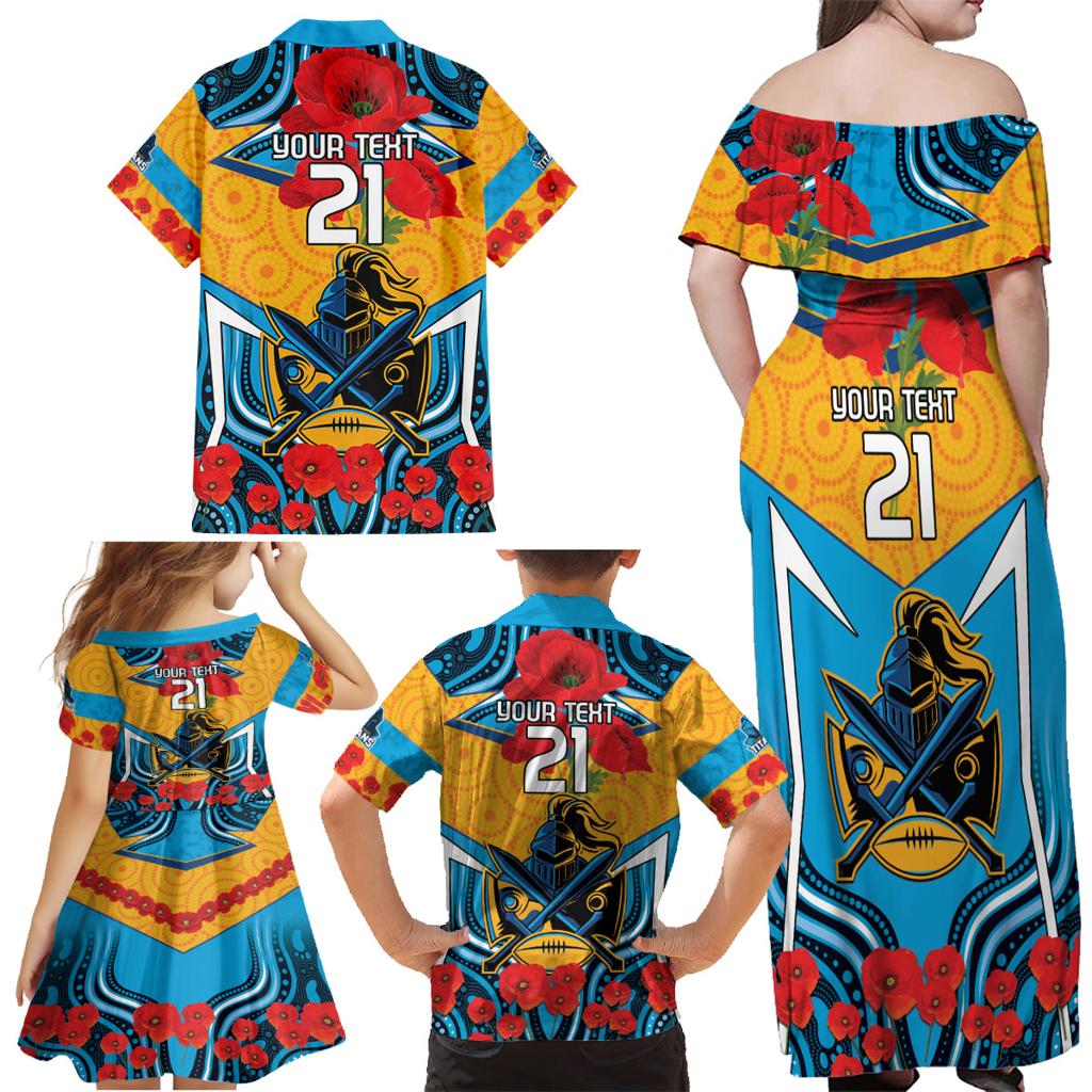 Custom GLD Titans Rugby ANZAC Family Matching Off Shoulder Maxi Dress and Hawaiian Shirt Gallipoli Soldier With Aboriginal Art