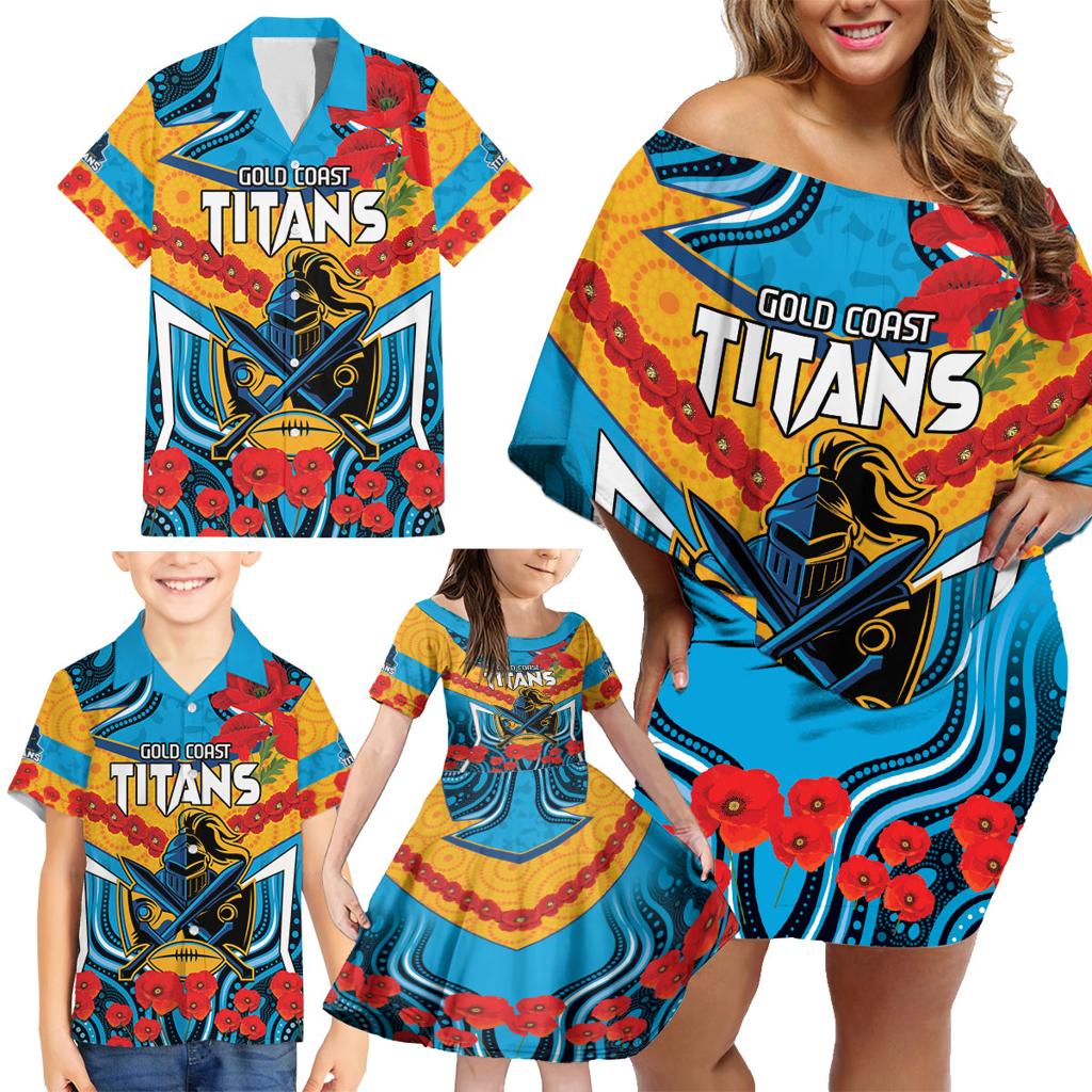 Custom GLD Titans Rugby ANZAC Family Matching Off Shoulder Short Dress and Hawaiian Shirt Gallipoli Soldier With Aboriginal Art