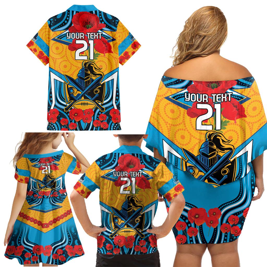 Custom GLD Titans Rugby ANZAC Family Matching Off Shoulder Short Dress and Hawaiian Shirt Gallipoli Soldier With Aboriginal Art