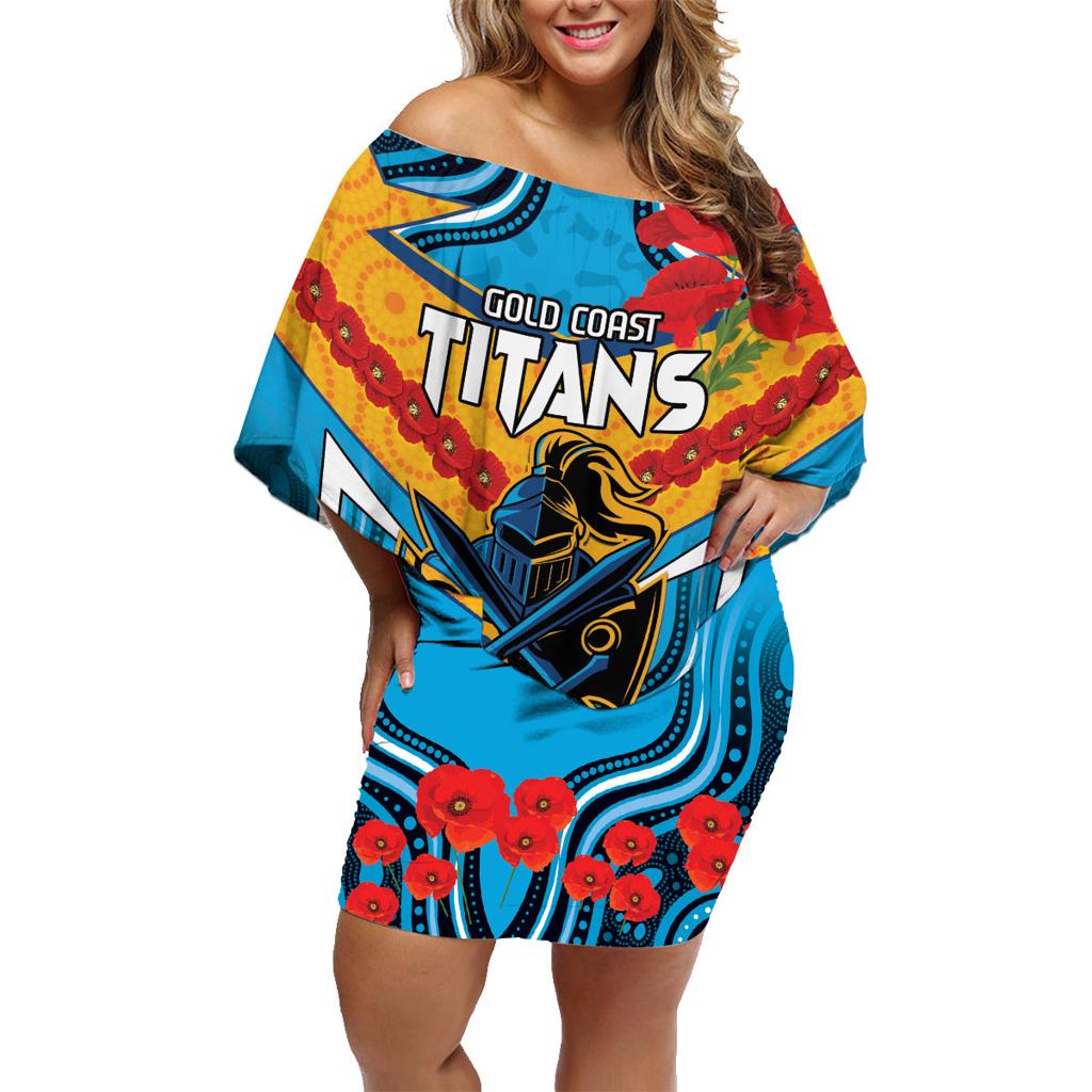 Custom GLD Titans Rugby ANZAC Family Matching Off Shoulder Short Dress and Hawaiian Shirt Gallipoli Soldier With Aboriginal Art