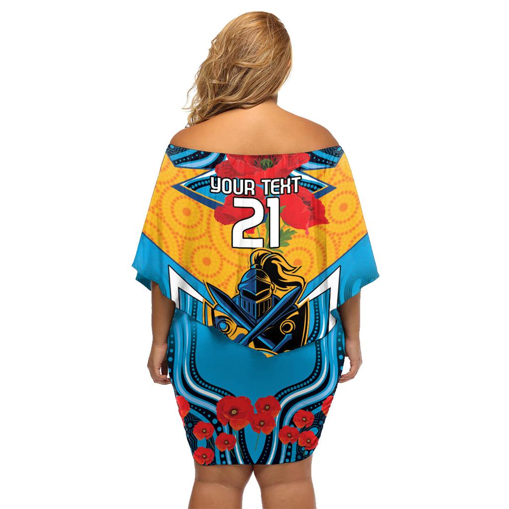 Custom GLD Titans Rugby ANZAC Family Matching Off Shoulder Short Dress and Hawaiian Shirt Gallipoli Soldier With Aboriginal Art