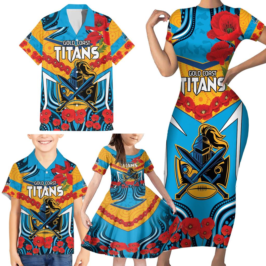 Custom GLD Titans Rugby ANZAC Family Matching Short Sleeve Bodycon Dress and Hawaiian Shirt Gallipoli Soldier With Aboriginal Art