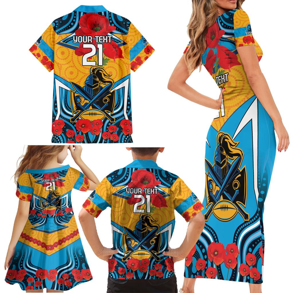 Custom GLD Titans Rugby ANZAC Family Matching Short Sleeve Bodycon Dress and Hawaiian Shirt Gallipoli Soldier With Aboriginal Art