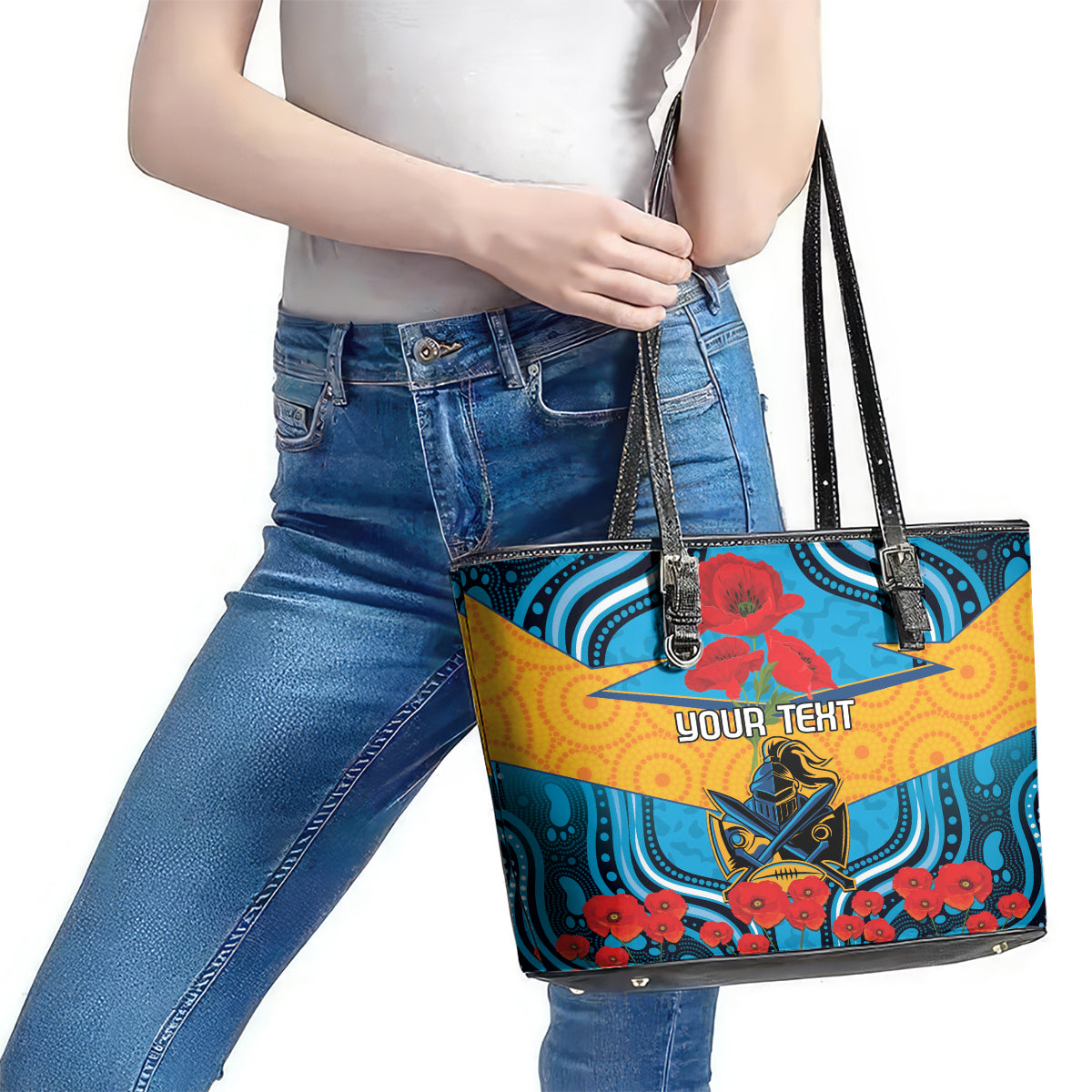 Custom GLD Titans Rugby ANZAC Leather Tote Bag Gallipoli Soldier With Aboriginal Art