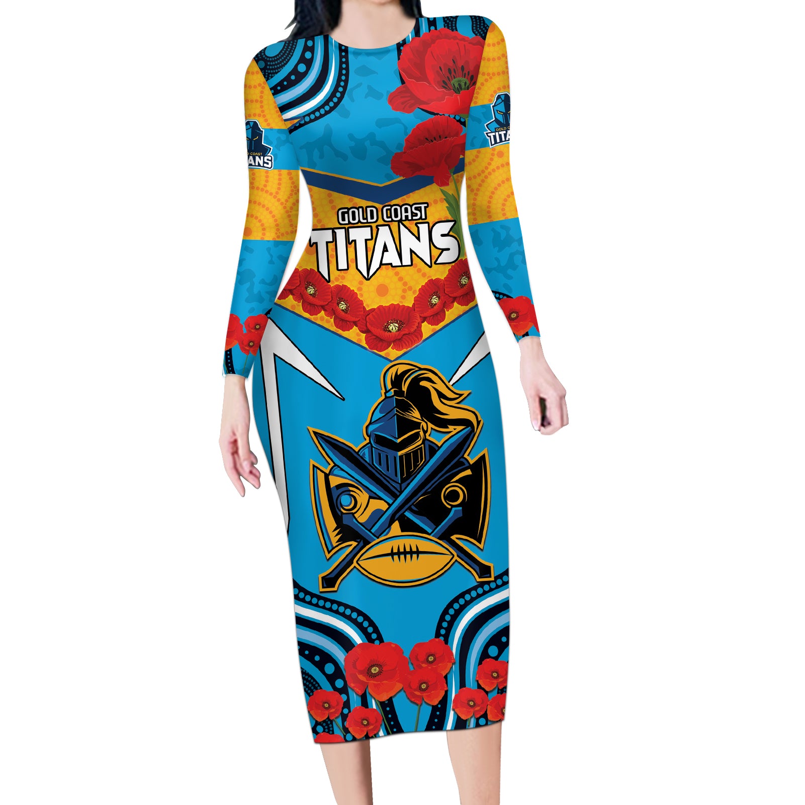 Custom GLD Titans Rugby ANZAC Long Sleeve Bodycon Dress Gallipoli Soldier With Aboriginal Art