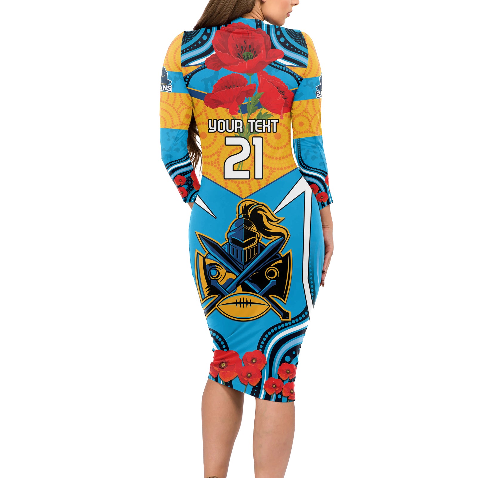 Custom GLD Titans Rugby ANZAC Long Sleeve Bodycon Dress Gallipoli Soldier With Aboriginal Art