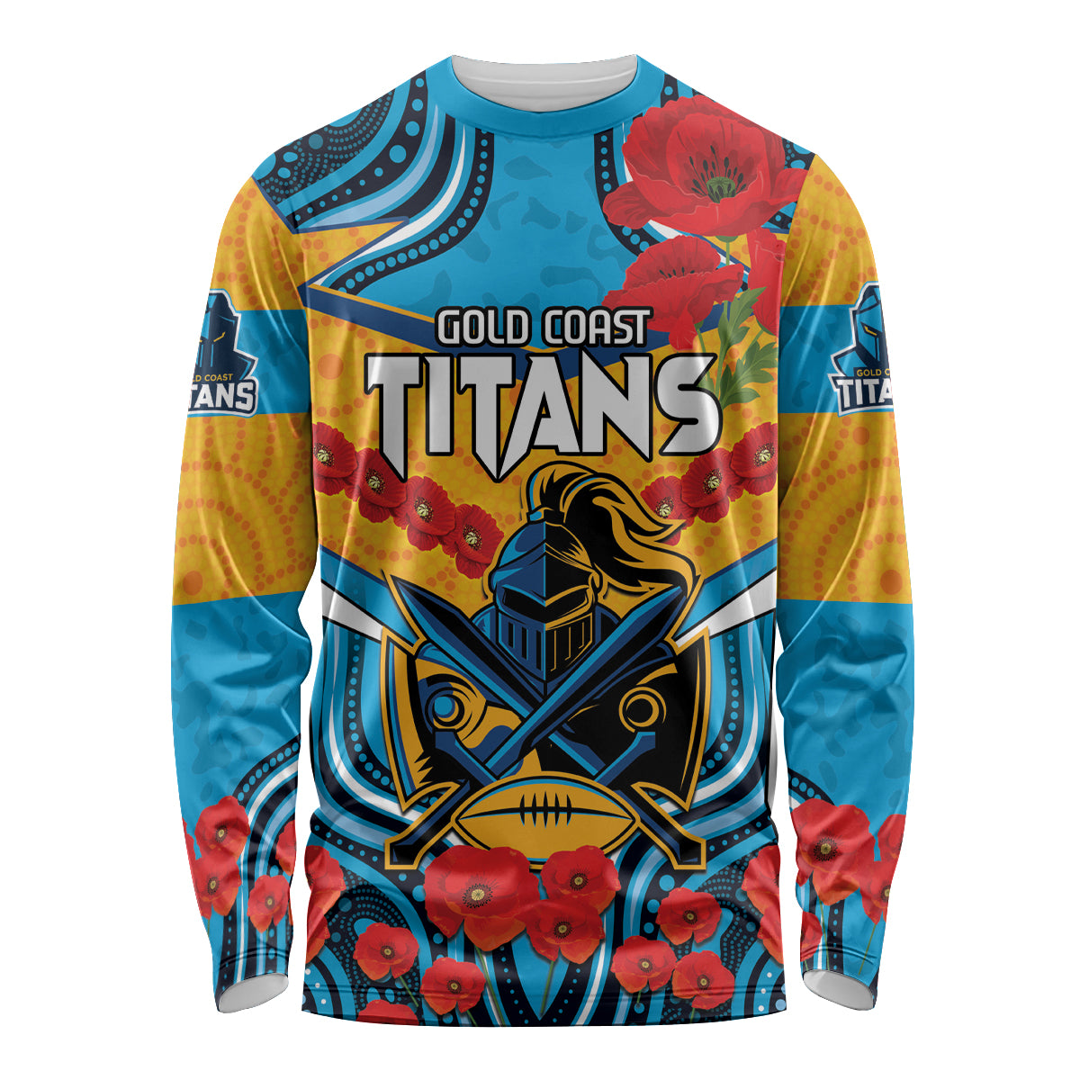 Custom GLD Titans Rugby ANZAC Long Sleeve Shirt Gallipoli Soldier With Aboriginal Art