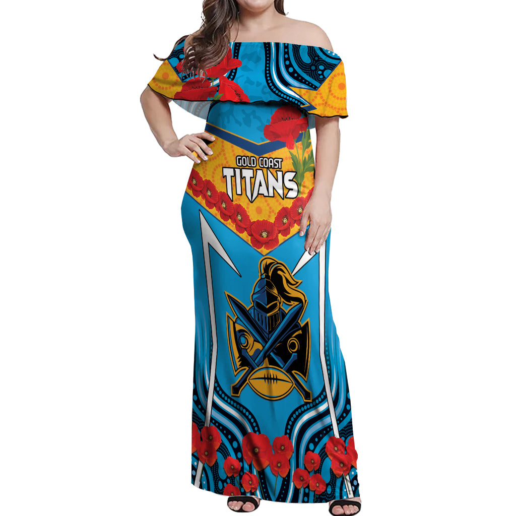 Custom GLD Titans Rugby ANZAC Off Shoulder Maxi Dress Gallipoli Soldier With Aboriginal Art