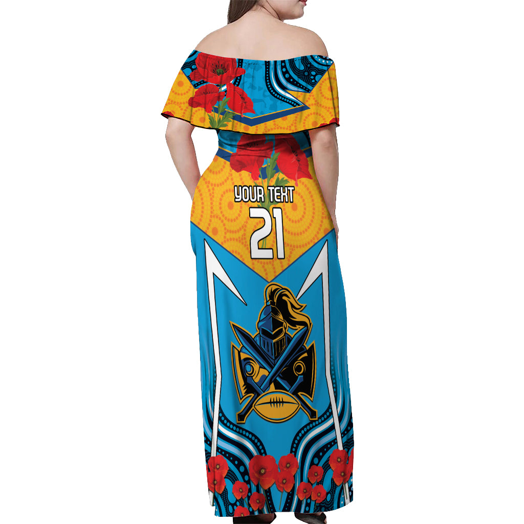 Custom GLD Titans Rugby ANZAC Off Shoulder Maxi Dress Gallipoli Soldier With Aboriginal Art