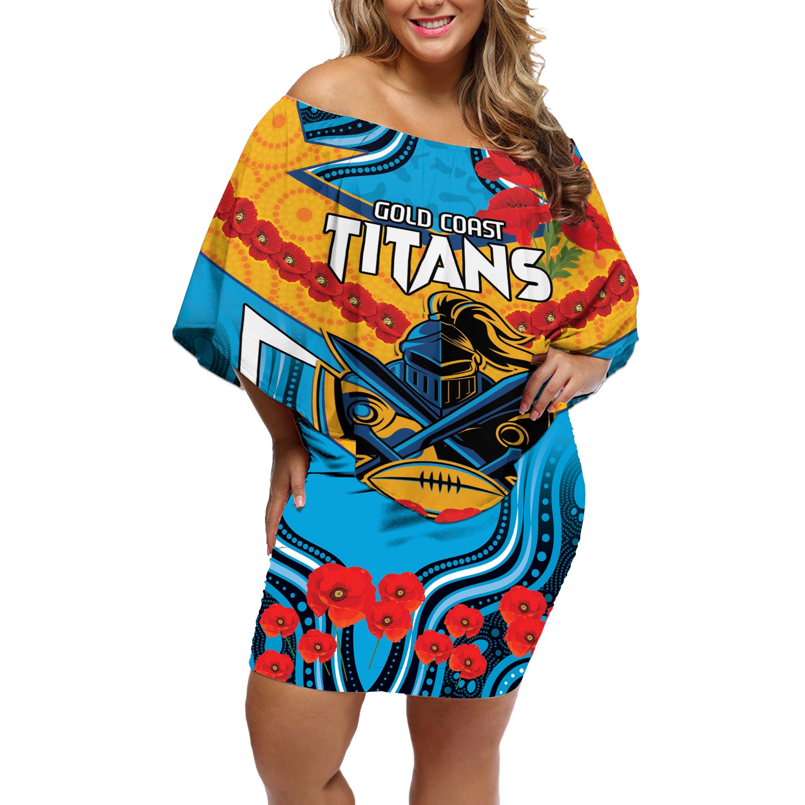 Custom GLD Titans Rugby ANZAC Off Shoulder Short Dress Gallipoli Soldier With Aboriginal Art