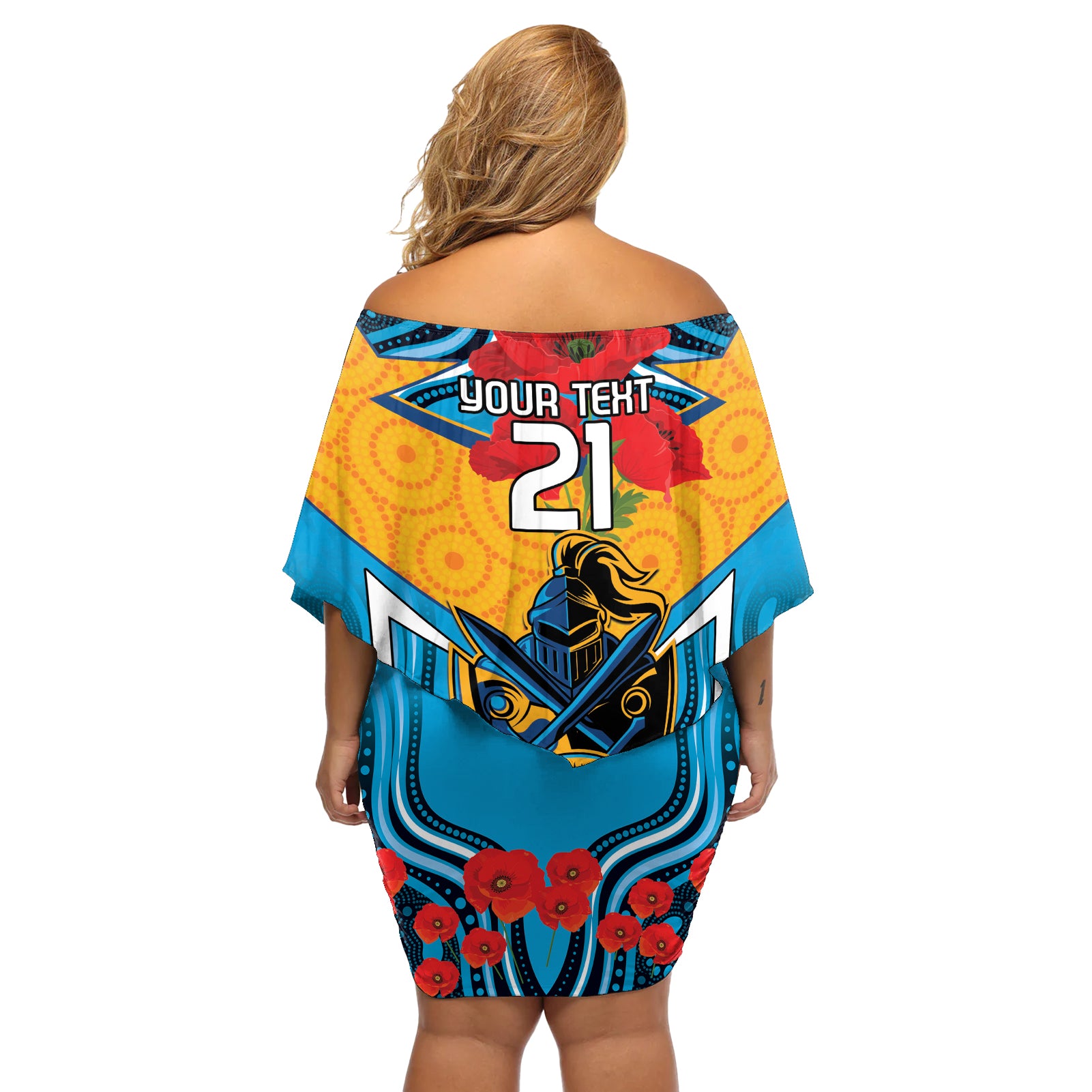 Custom GLD Titans Rugby ANZAC Off Shoulder Short Dress Gallipoli Soldier With Aboriginal Art