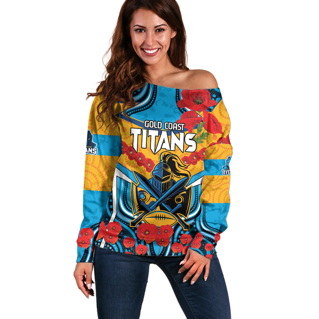 Custom GLD Titans Rugby ANZAC Off Shoulder Sweater Gallipoli Soldier With Aboriginal Art