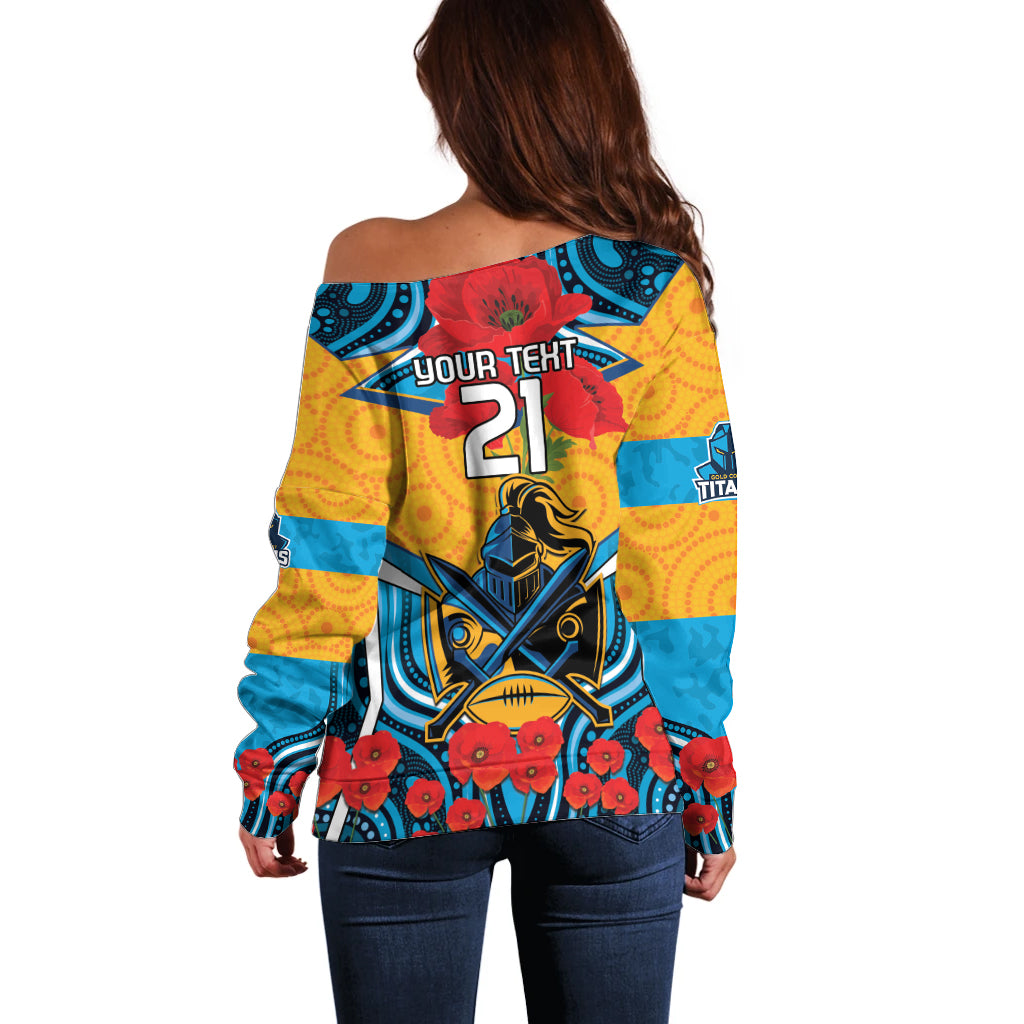 Custom GLD Titans Rugby ANZAC Off Shoulder Sweater Gallipoli Soldier With Aboriginal Art