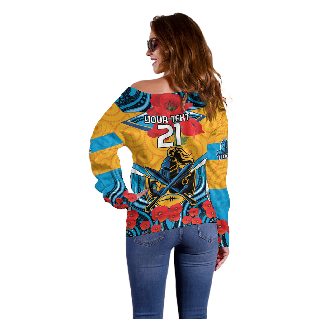 Custom GLD Titans Rugby ANZAC Off Shoulder Sweater Gallipoli Soldier With Aboriginal Art