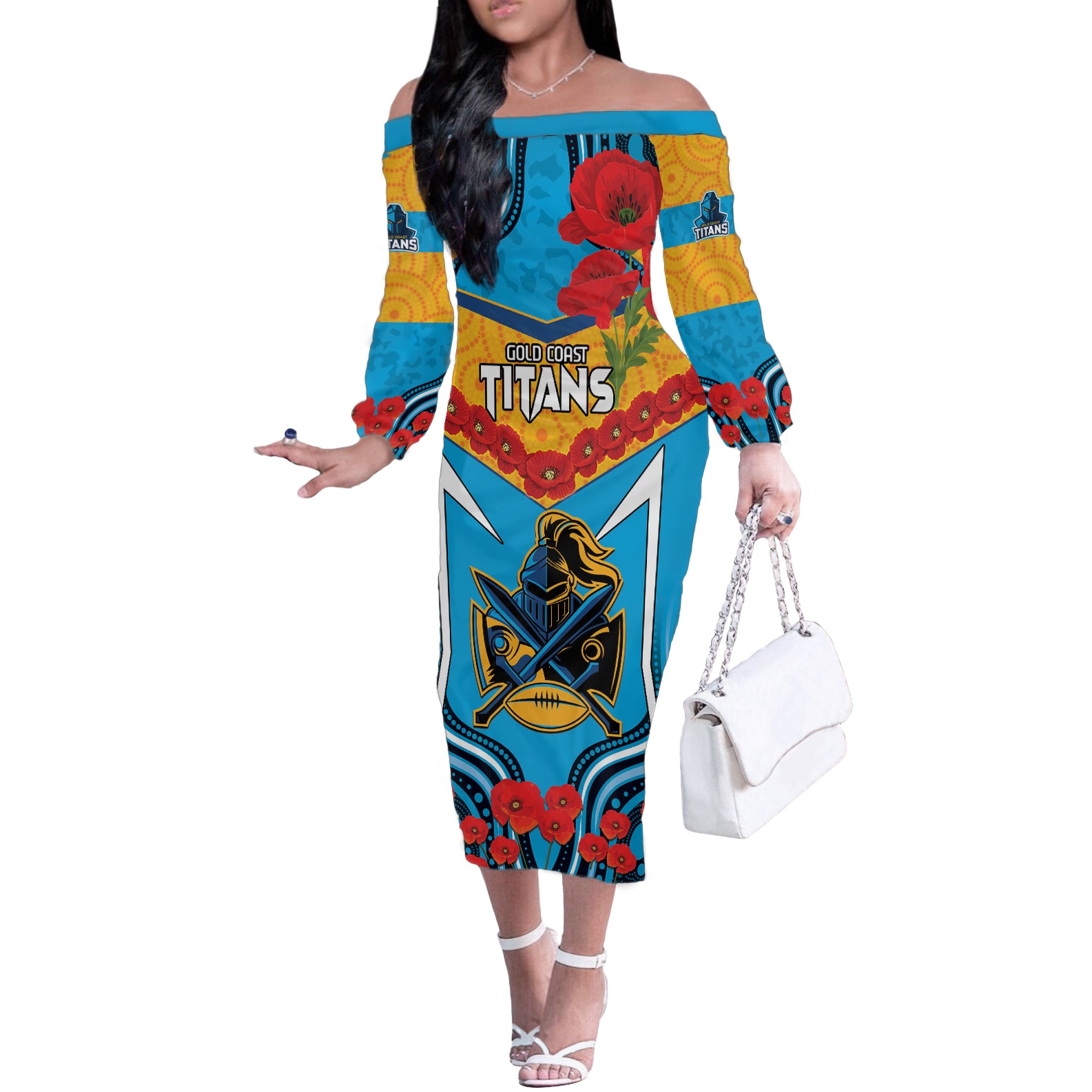 Custom GLD Titans Rugby ANZAC Off The Shoulder Long Sleeve Dress Gallipoli Soldier With Aboriginal Art