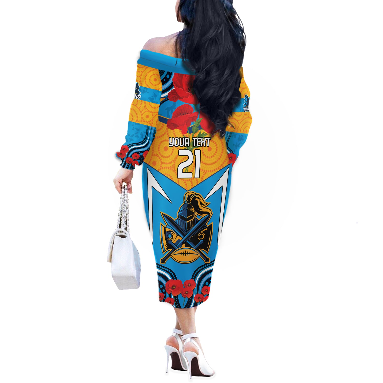 Custom GLD Titans Rugby ANZAC Off The Shoulder Long Sleeve Dress Gallipoli Soldier With Aboriginal Art