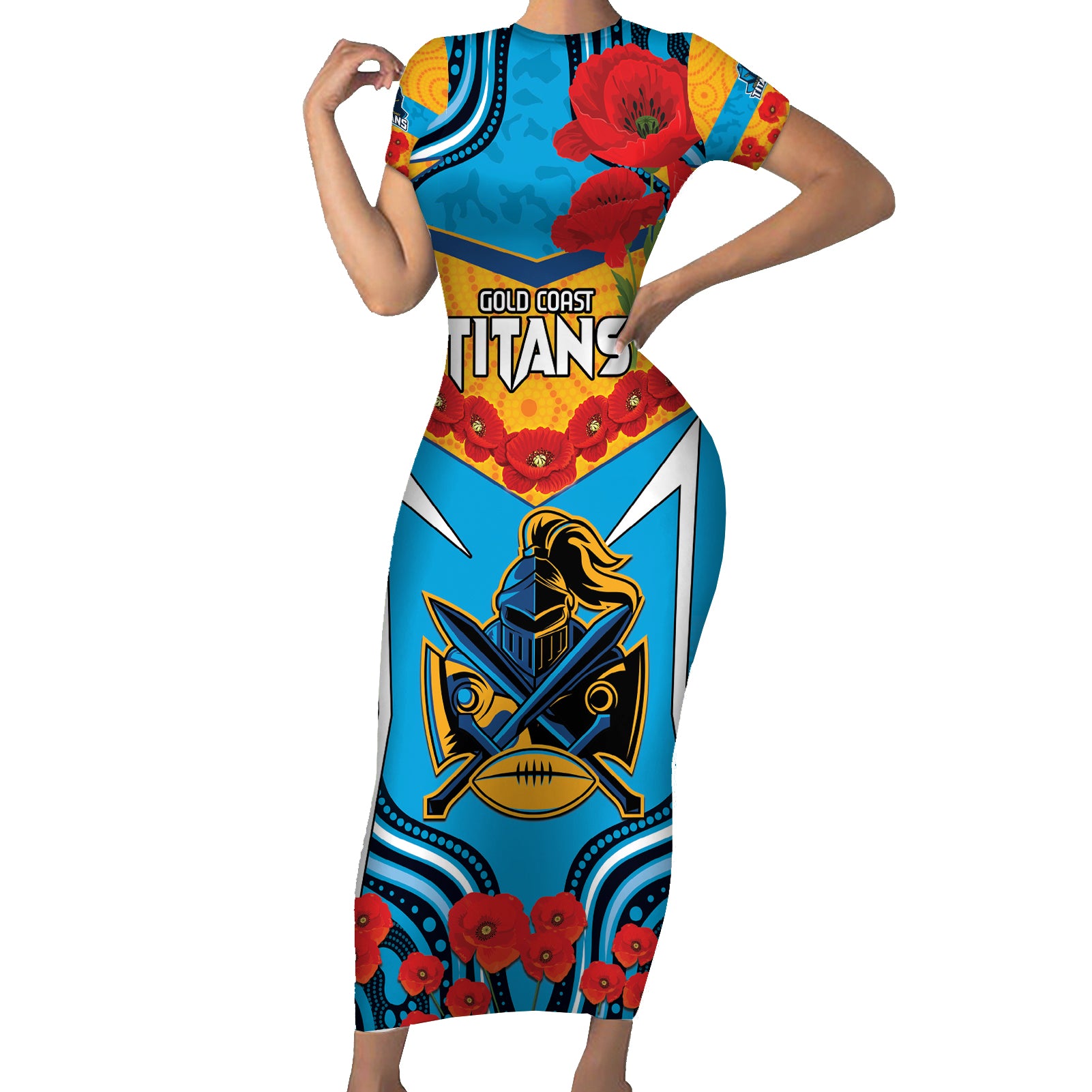 Custom GLD Titans Rugby ANZAC Short Sleeve Bodycon Dress Gallipoli Soldier With Aboriginal Art