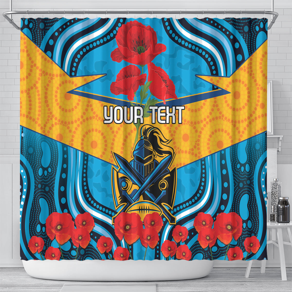 Custom GLD Titans Rugby ANZAC Shower Curtain Gallipoli Soldier With Aboriginal Art