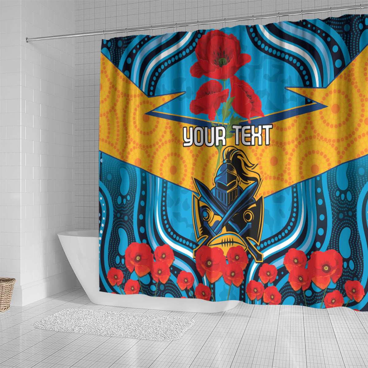 Custom GLD Titans Rugby ANZAC Shower Curtain Gallipoli Soldier With Aboriginal Art