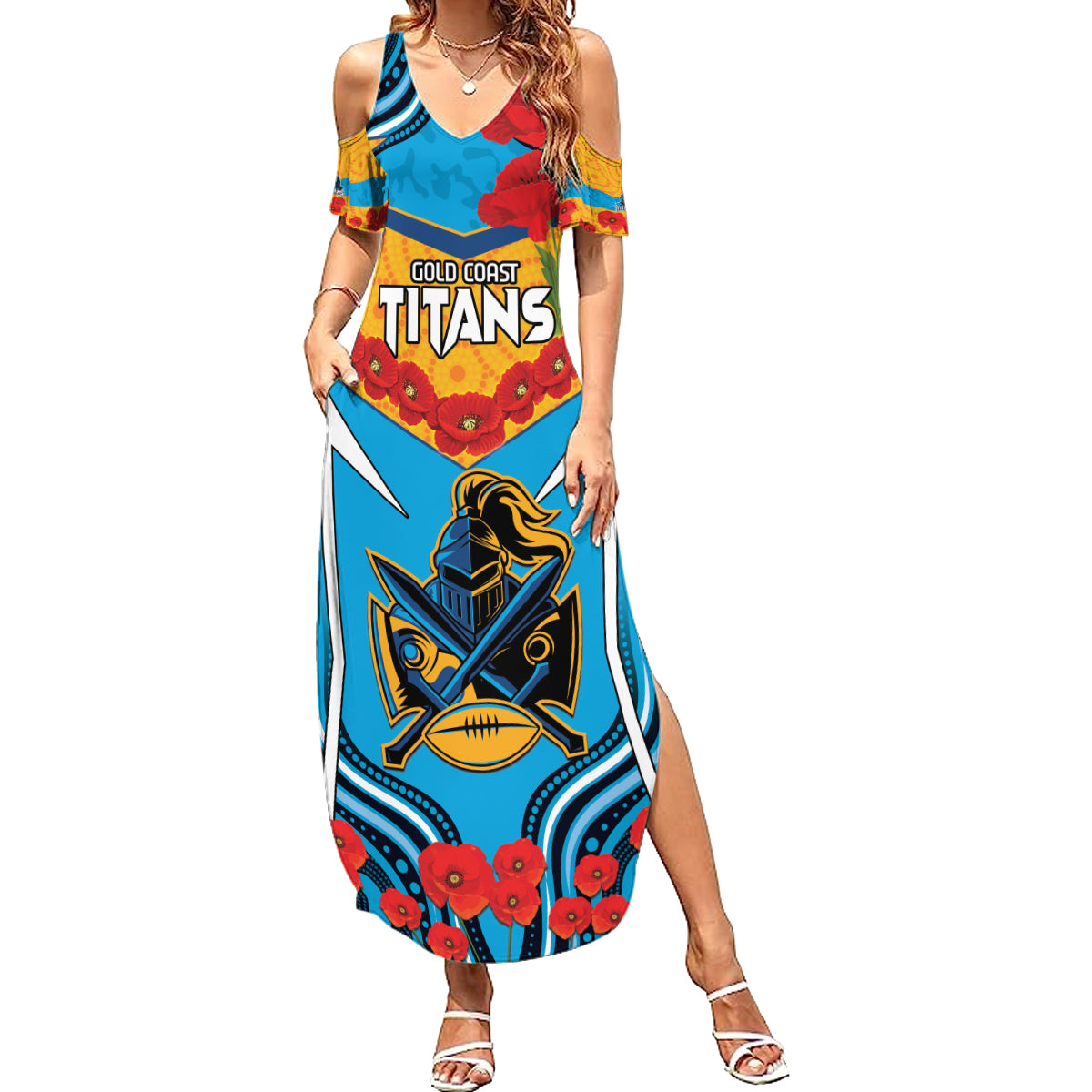 Custom GLD Titans Rugby ANZAC Summer Maxi Dress Gallipoli Soldier With Aboriginal Art