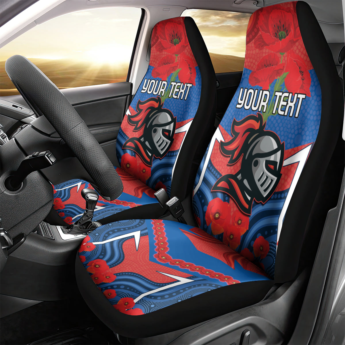 Custom Knights Rugby ANZAC Car Seat Cover Novocastrians Gallipoli Soldier With Aboriginal Art