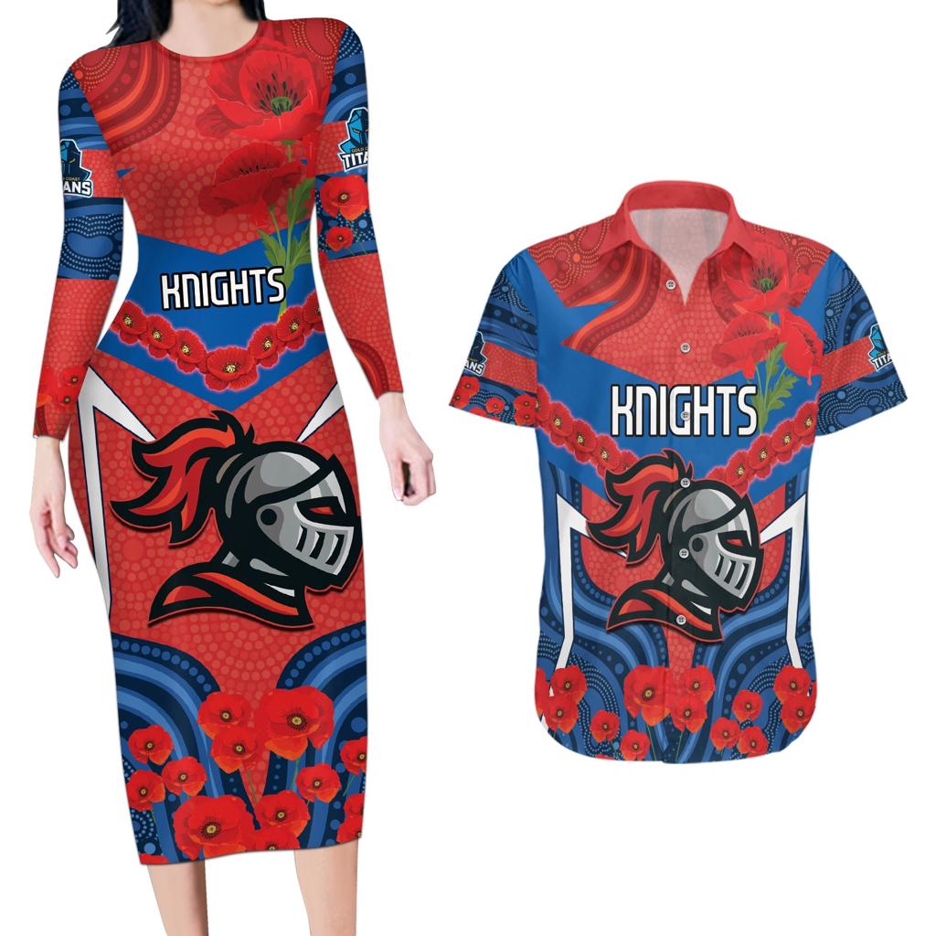 Custom Knights Rugby ANZAC Couples Matching Long Sleeve Bodycon Dress and Hawaiian Shirt Novocastrians Gallipoli Soldier With Aboriginal Art