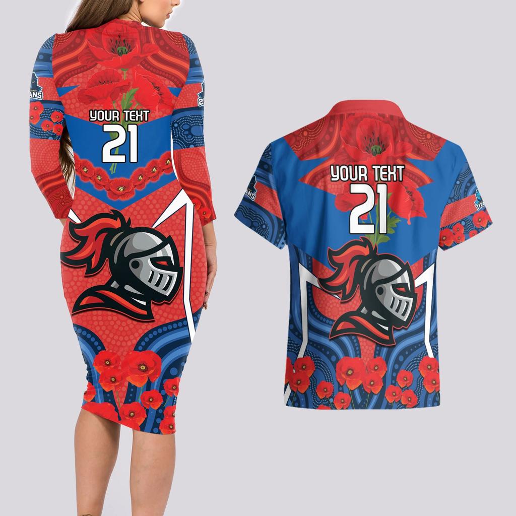 Custom Knights Rugby ANZAC Couples Matching Long Sleeve Bodycon Dress and Hawaiian Shirt Novocastrians Gallipoli Soldier With Aboriginal Art