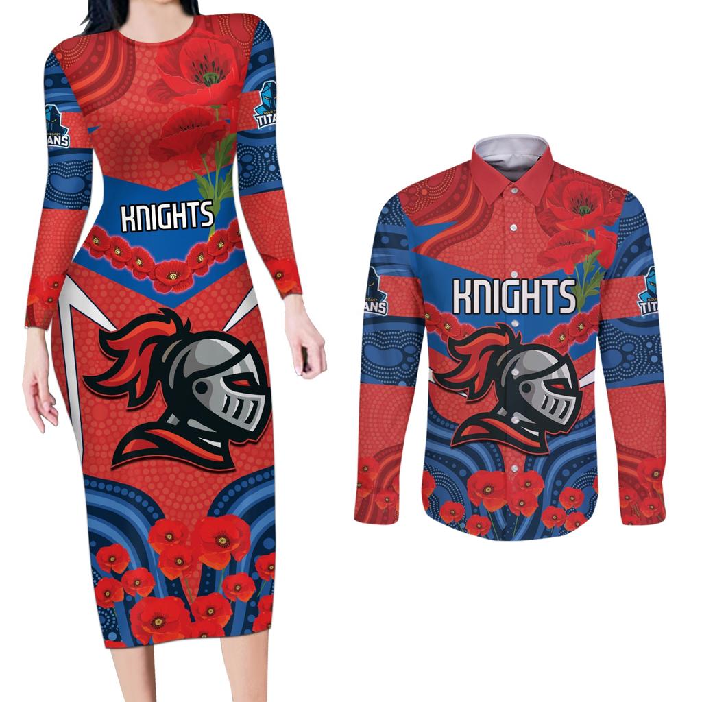 Custom Knights Rugby ANZAC Couples Matching Long Sleeve Bodycon Dress and Long Sleeve Button Shirt Novocastrians Gallipoli Soldier With Aboriginal Art