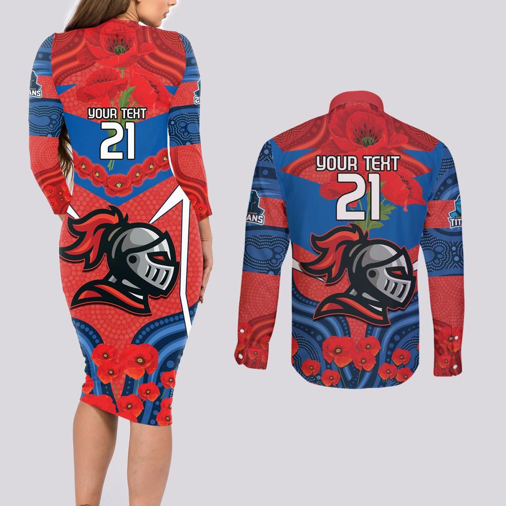 Custom Knights Rugby ANZAC Couples Matching Long Sleeve Bodycon Dress and Long Sleeve Button Shirt Novocastrians Gallipoli Soldier With Aboriginal Art