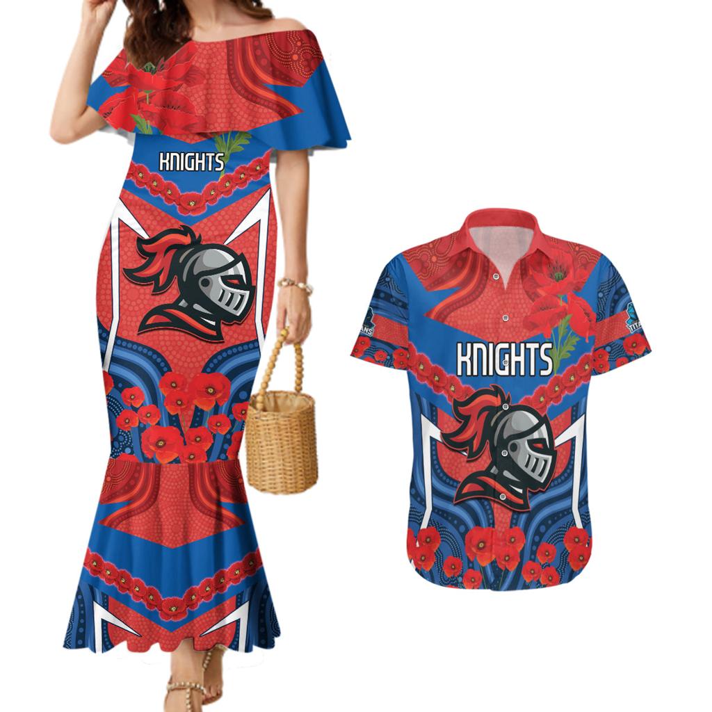 Custom Knights Rugby ANZAC Couples Matching Mermaid Dress and Hawaiian Shirt Novocastrians Gallipoli Soldier With Aboriginal Art