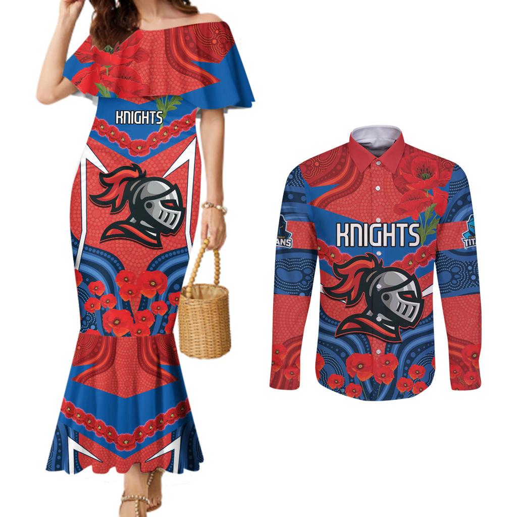 Custom Knights Rugby ANZAC Couples Matching Mermaid Dress and Long Sleeve Button Shirt Novocastrians Gallipoli Soldier With Aboriginal Art