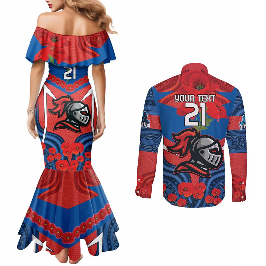 Custom Knights Rugby ANZAC Couples Matching Mermaid Dress and Long Sleeve Button Shirt Novocastrians Gallipoli Soldier With Aboriginal Art